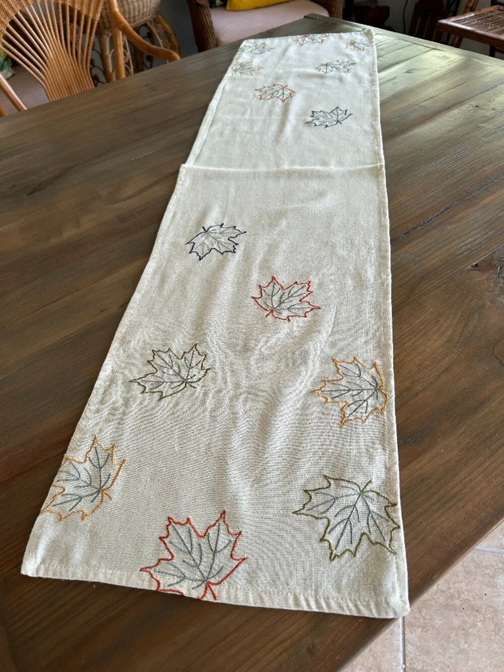 Fresh and Crisp Embroidered Fall Leaves Table Runner 13" x 52"